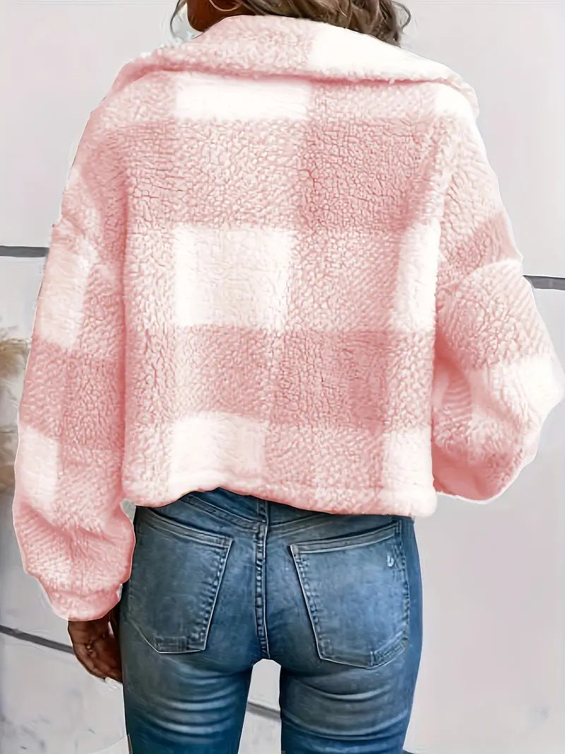 Plaid Cropped Jacket: Warm Sherpa & Trendy Style for Women
