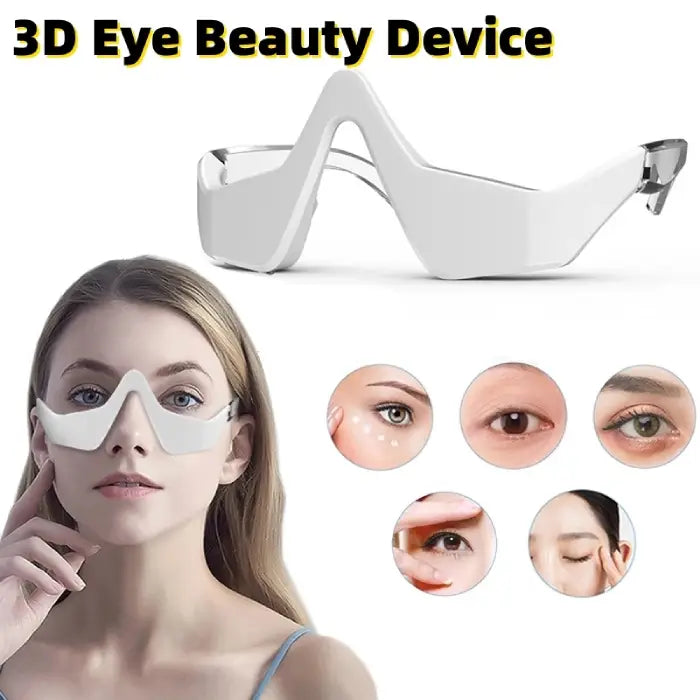 3-in-1 eye rejuvenation device worn on model with eye care benefit illustrations for under-eye issues