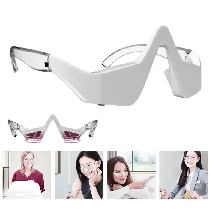  3-in-1 eye rejuvenation device shown with lifestyle uses like reading and office work