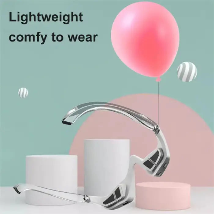 Lightweight 3-in-1 eye rejuvenation device floating beside a balloon, emphasizing comfort.