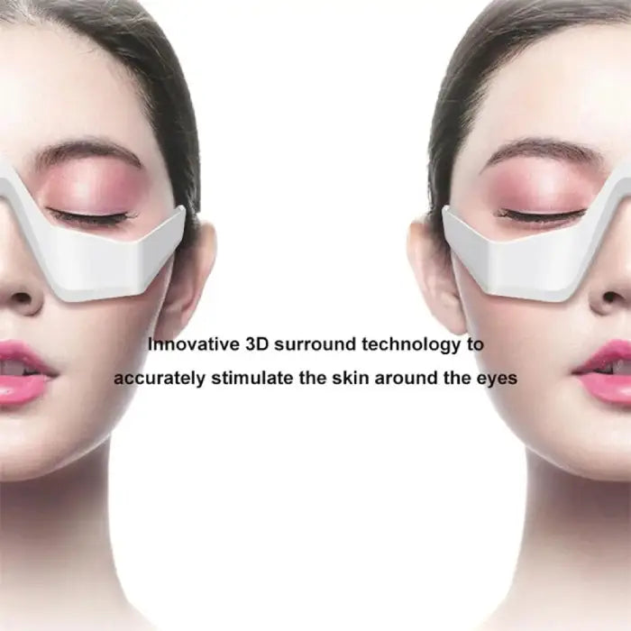 Model wearing the 3-in-1 eye rejuvenation device highlighting 3D technology stimulating eye skin.