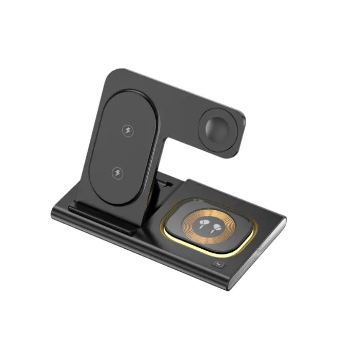 Black wireless charging station with dedicated spots for smartphone, smartwatch and earbuds featuring gold accent ring