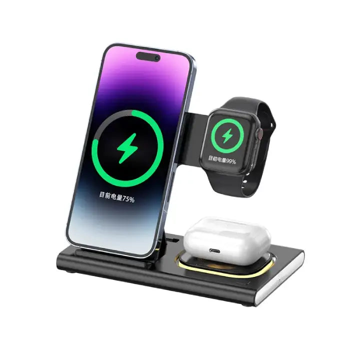 Multi-device wireless charging station with phone displaying 75% charge, smartwatch and wireless earbuds case