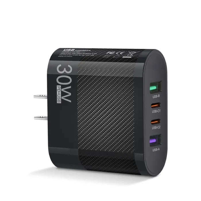 30W 4 port fast USB charger in black showing USB-A and USB-C ports.