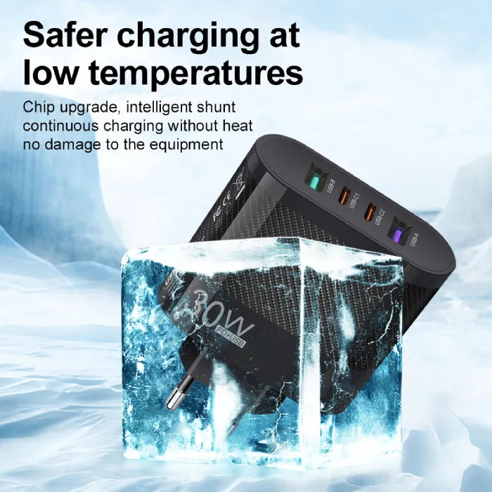 30W 4 port fast USB charger resting in ice to show safe low-temperature charging.