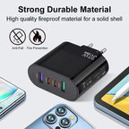 30W 4 port fast USB charger with fireproof, anti-fall design shown next to smartphones.