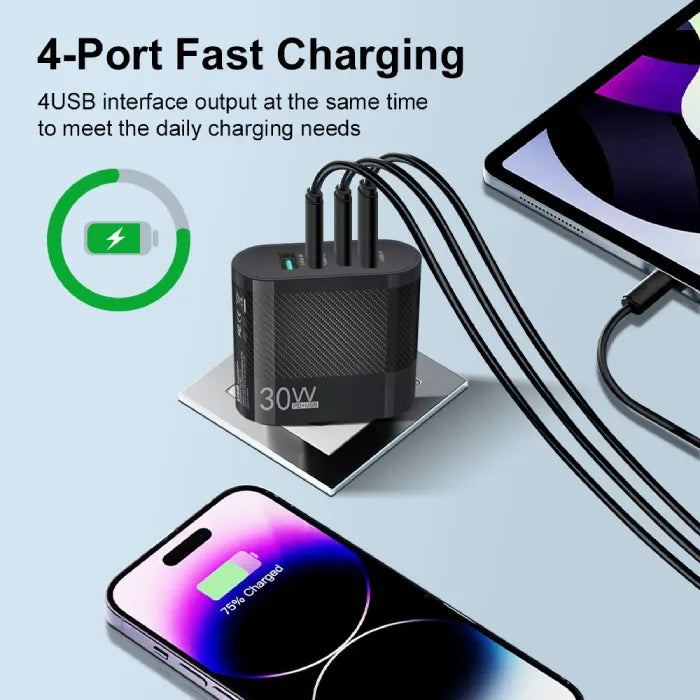 30W 4 port fast USB charger powering multiple devices at once with fast charging capability.