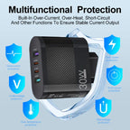 30W 4 port fast USB charger with icons showing overheat, short-circuit, and overcurrent protection.