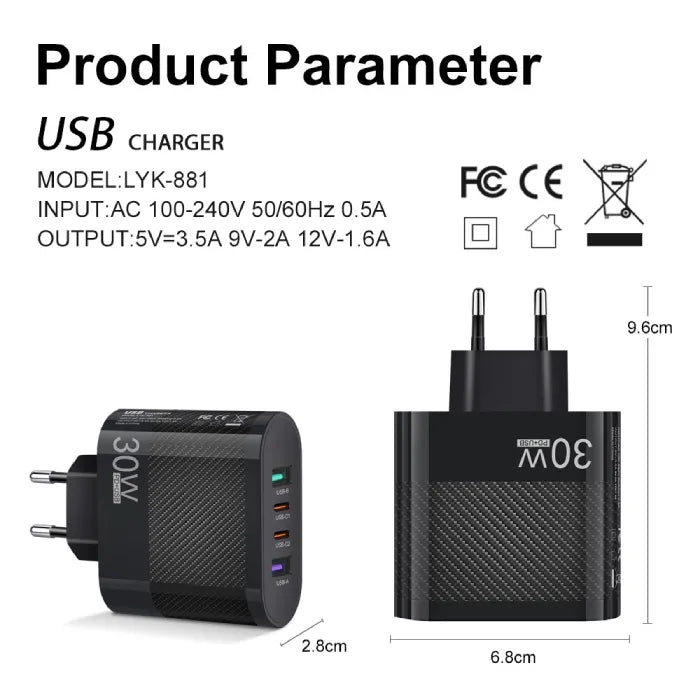 30W 4 port fast USB charger displayed with size measurements and power specifications.