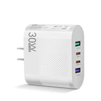 30W 4 port fast USB charger in white with multiple USB outputs on the side.