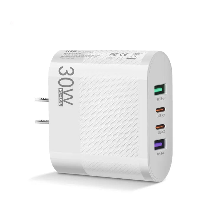 30W 4 port fast USB charger in white with multiple USB outputs on the side.