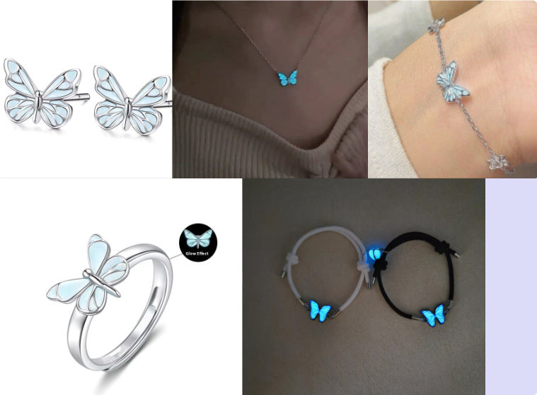 Glow in Dark Jewelry Butterfly Necklace and Bracelet Set
