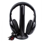 Wireless TV headphones with charging stand for versatile 5-in-1 audio.