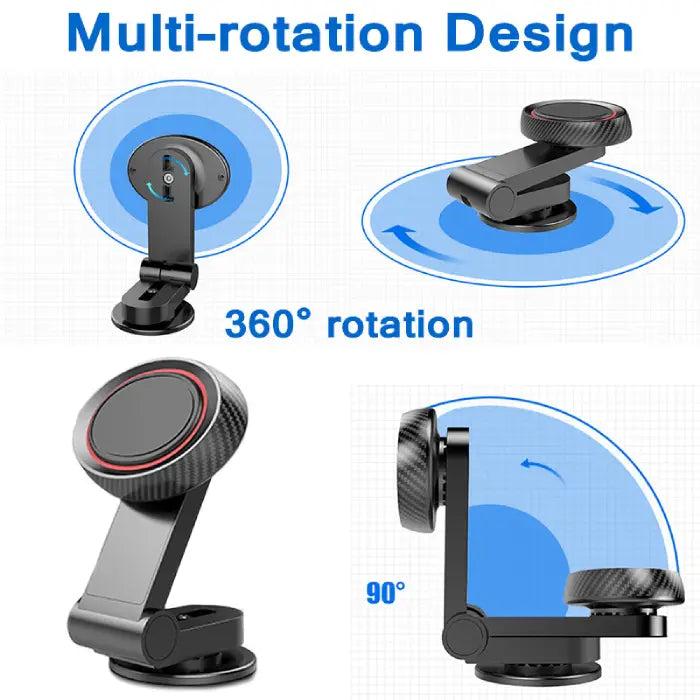 Technical diagram showing 360-degree and 90-degree rotation capabilities of magnetic car phone mount