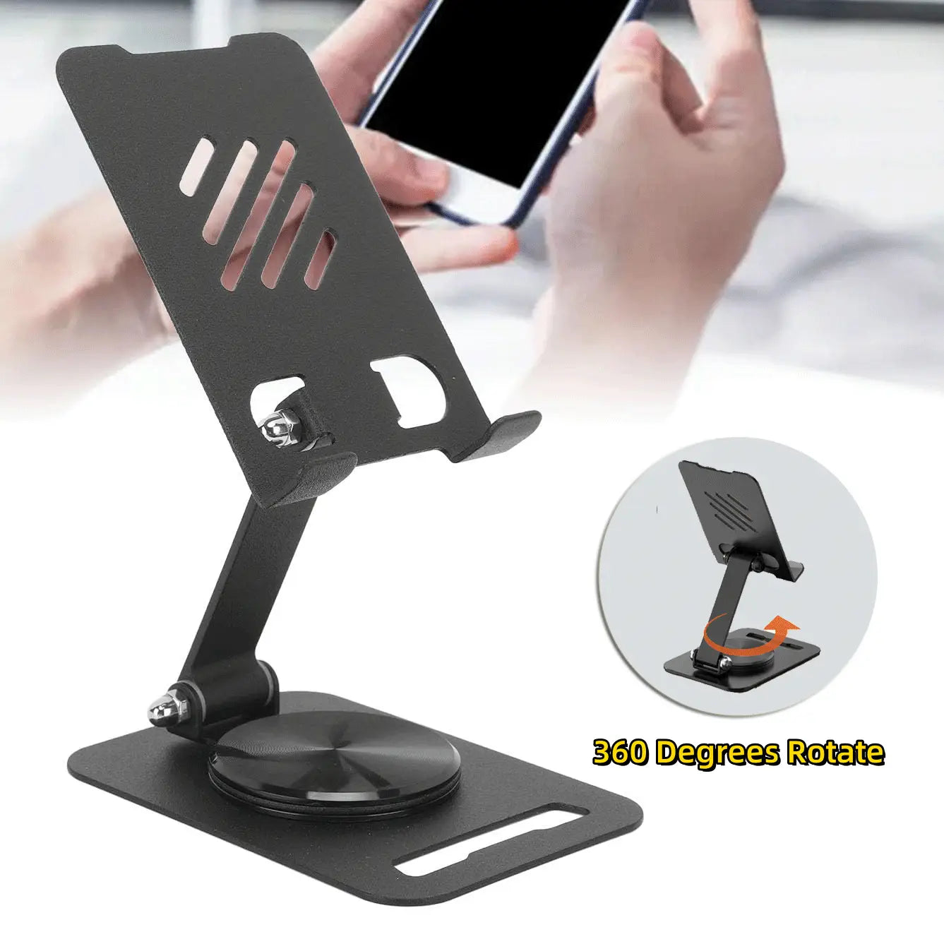 Adjustable black metal phone stand with 360-degree rotation capability and ventilation slots shown on desk with phone