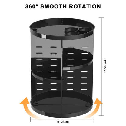 360-degree rotating black storage shelf with dimensions for organizing cosmetics and toiletries.
