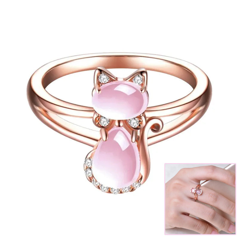 Rose Gold Cat Ring Cute Pink Cat with Sparkle Stones