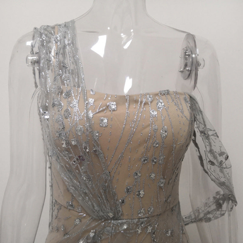 Evening Dresses: Silver Mesh Formal Gown for Women