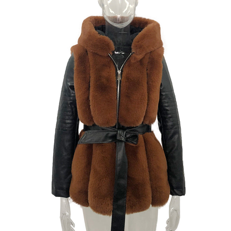 New Style Fur Belt Belt Hooded Zipper Jacket Women's Clothing - UrSuperMart