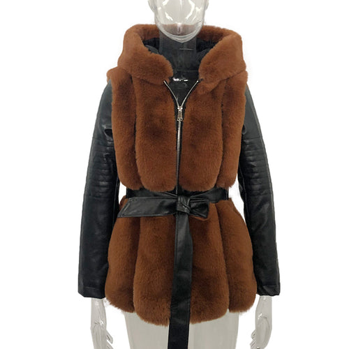 New Style Fur Belt Belt Hooded Zipper Jacket Women's Clothing - UrSuperMart