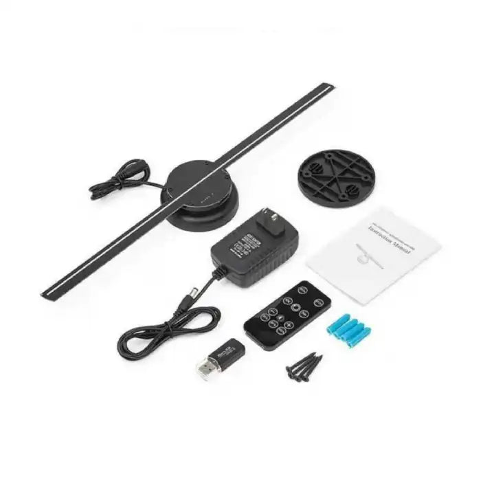 3D Hologram maker accessory kit with fan blade, charger, remote, screws, and manual