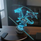 3D Hologram maker displaying bright blue digital dragon in high-detail wireframe form