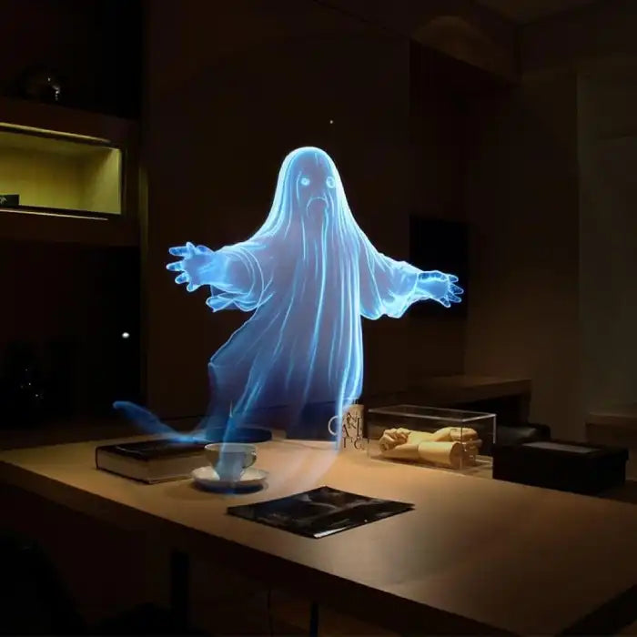 3D Hologram maker creating a spooky blue ghost floating above a desk in dim lighting