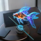 3D Hologram maker showing glowing goldfish projection on desktop holographic fan device