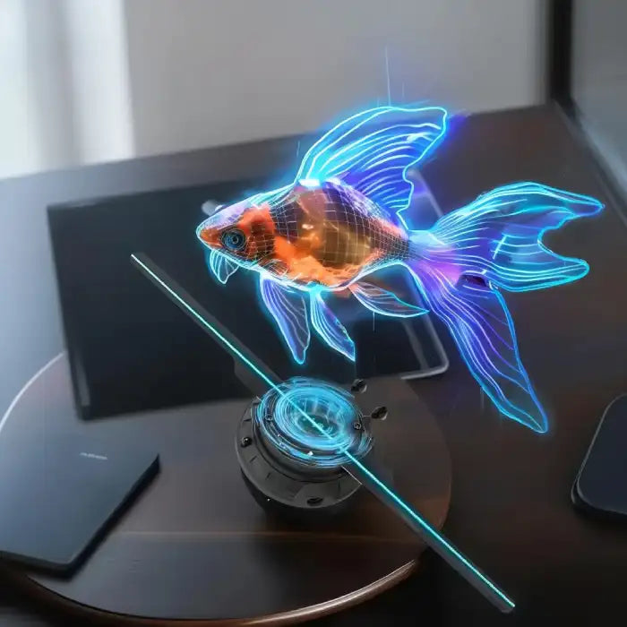 3D Hologram maker showing glowing goldfish projection on desktop holographic fan device
