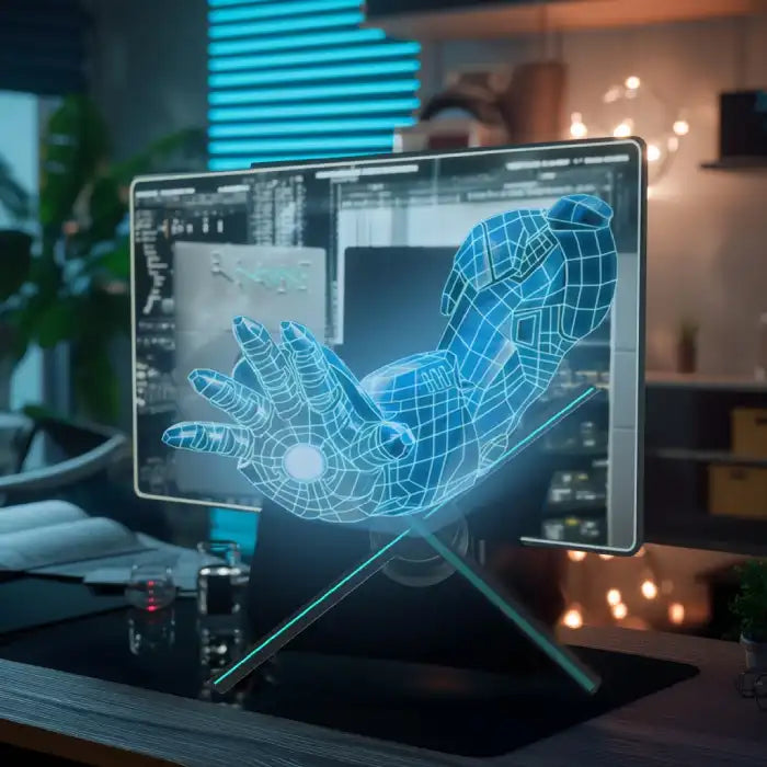 3D Hologram maker generating a wireframe robotic hand in futuristic workspace setting
