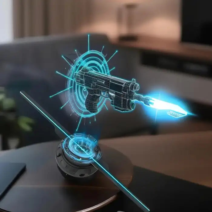 3D Hologram maker projecting futuristic sci-fi gun with glowing blue light effects