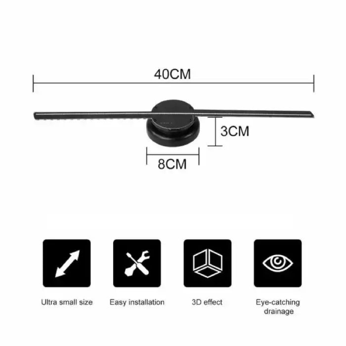 3D Hologram maker size and feature chart showing dimensions and benefits like 3D effect