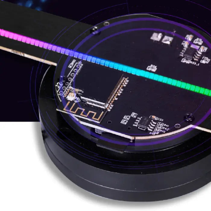  3D Hologram Projector close-up view of LED board and circuit with colorful light streak.