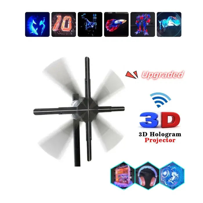 3D Hologram Projector upgraded display model with visual samples and wireless connection icon shown.