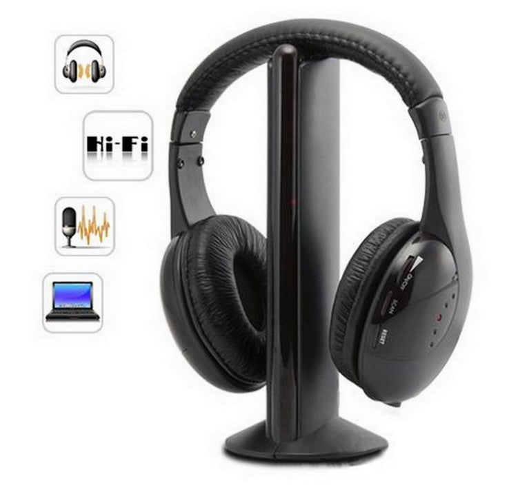 Wireless TV headphones with charging stand for versatile 5-in-1 audio.