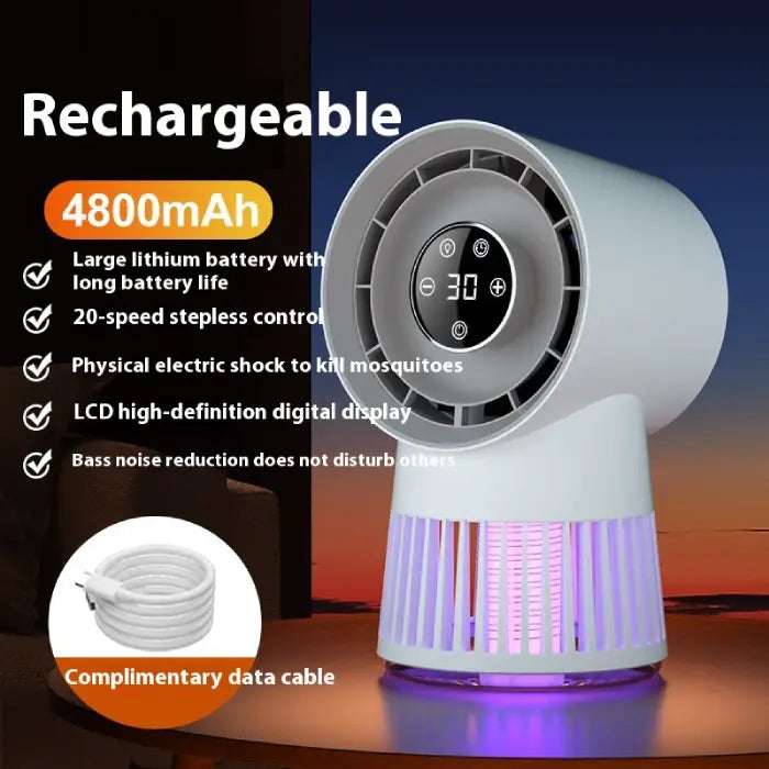  2-in-1 Rechargeable Mosquito Killer Desk Fan with 4800mAh power and advanced digital screen controls.