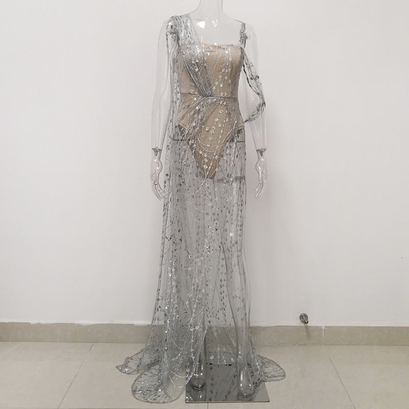 Evening Dresses: Silver Mesh Formal Gown for Women
