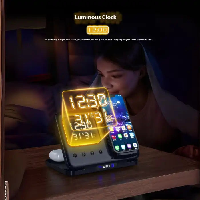5-in-1 Wireless Charging Station with night clock and phone dock used beside bed