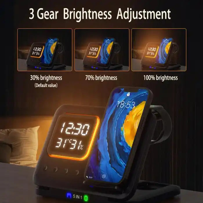  5-in-1 Wireless Charging Station with adjustable brightness levels and phone dock