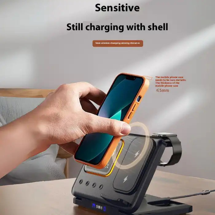  5-in-1 Wireless Charging Station charging phone through case with stand and watch dock