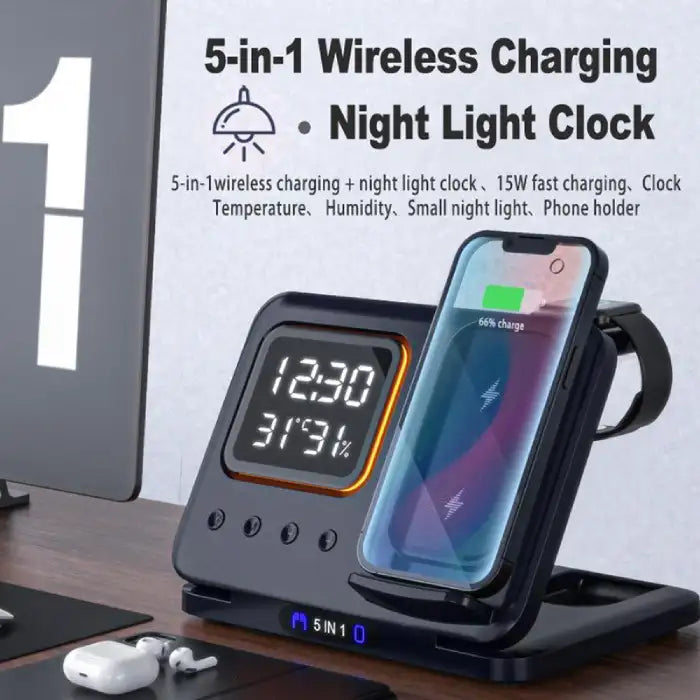 5-in-1 Wireless Charging Station with digital clock, humidity, and phone holder on office desk