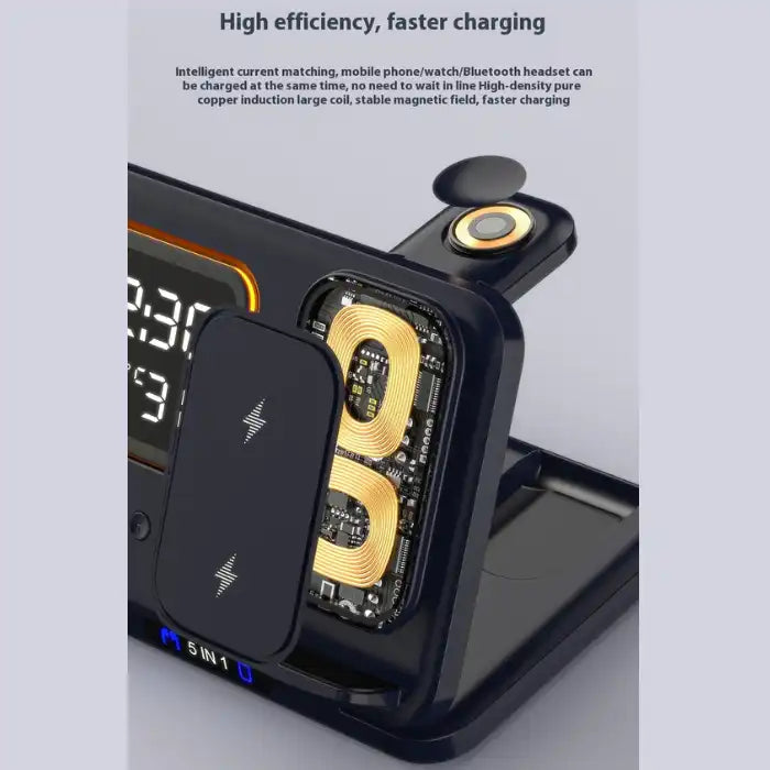 5-in-1 Wireless Charging Station showing internal copper coils for high-efficiency charging