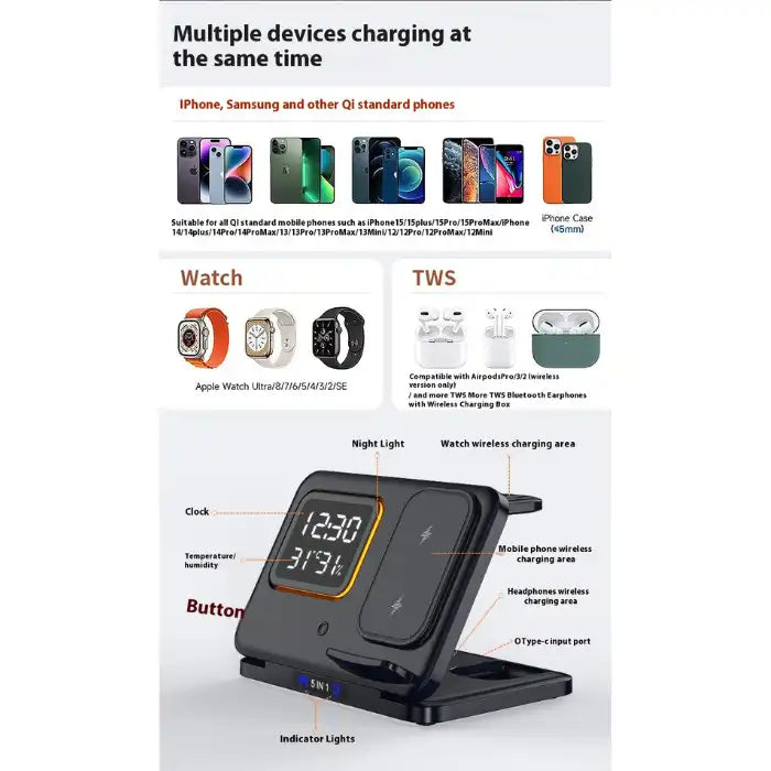  5-in-1 Wireless Charging Station compatible with iPhone, Samsung, AirPods, and Apple Watch