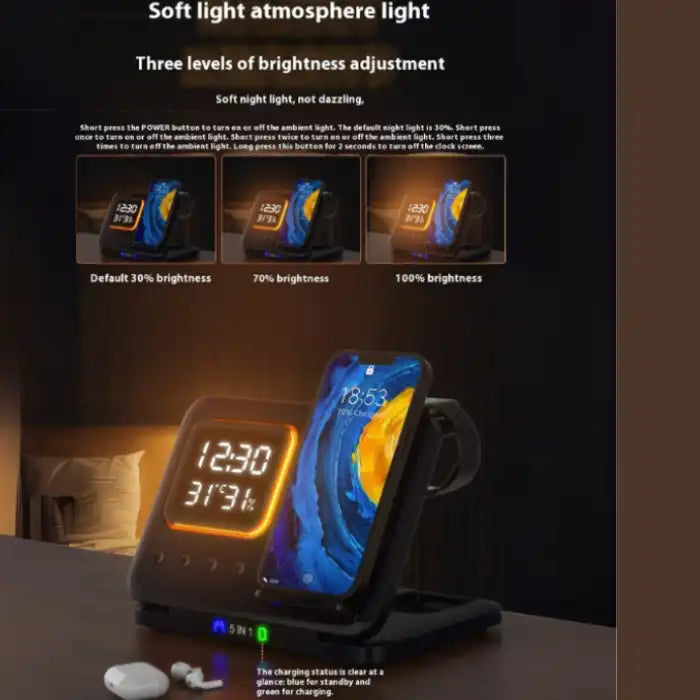 5-in-1 Wireless Charging Station with 3-level soft night light brightness control and phone dock