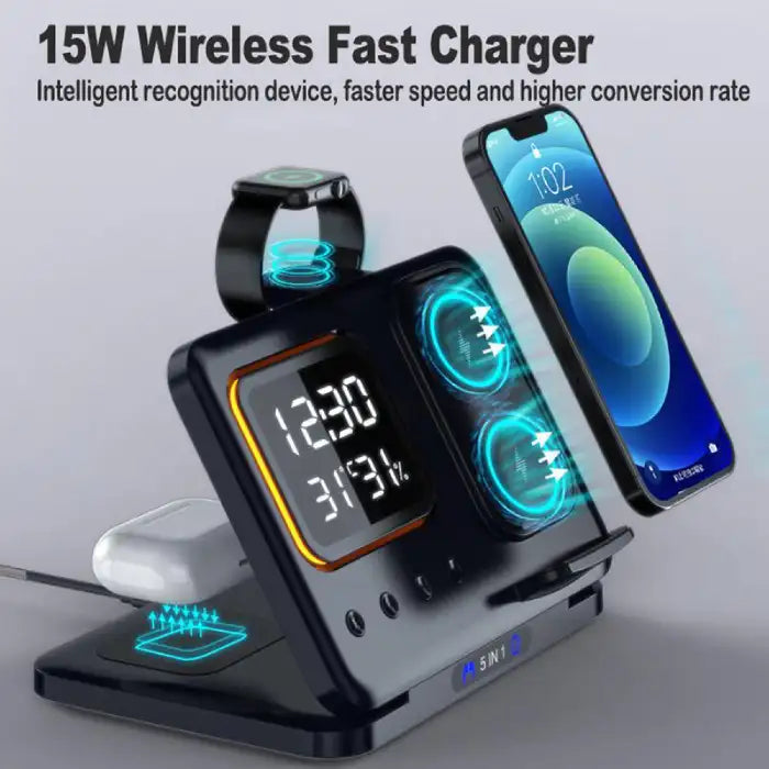 5-in-1 Wireless Charging Station with fast 15W charging for phone, watch, and earbuds