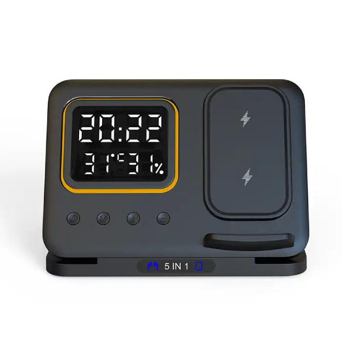 5-in-1 Wireless Charging Station front view with LED clock, charging pads, and control buttons