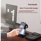  5-in-1 Wireless Charging Station holding phone upright for video streaming while charging