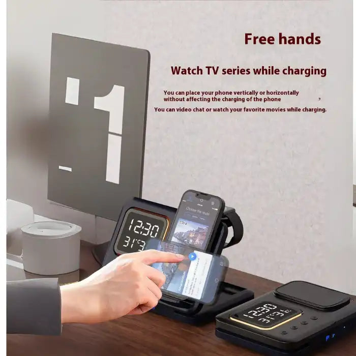  5-in-1 Wireless Charging Station holding phone upright for video streaming while charging