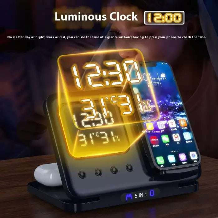  5-in-1 Wireless Charging Station featuring luminous LED clock display and phone charging at night