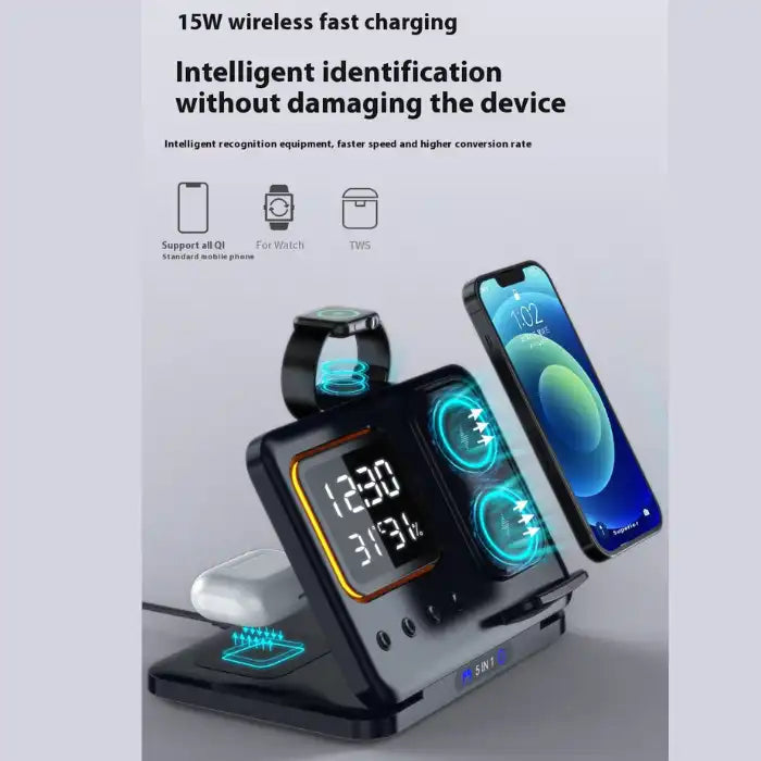 5-in-1 Wireless Charging Station charging phone, watch, and earbuds simultaneously with fast speed